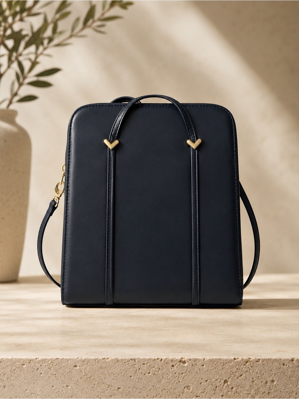 Simard Vintage Navy Blue Leather Crossbody Bag – Gold Hardware